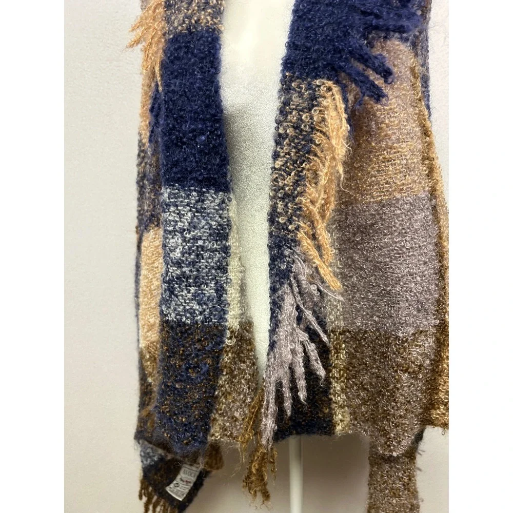 Dark Academia Avoca Womens OS Blue‎ Brown Mohair Wool Plaid Fringe Wrap Shawl